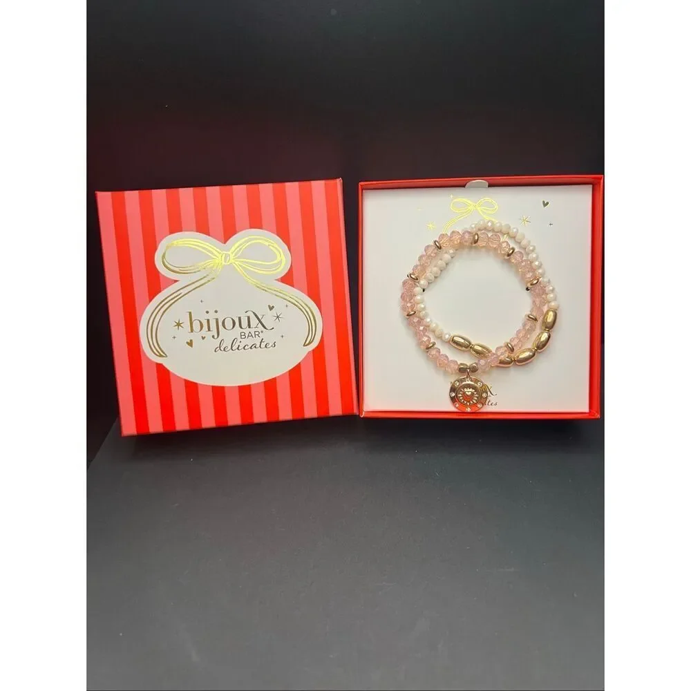 New in Box! Bijoux Bar Gold Tone Glass Stretch Set of 2 Stackable Bracelets